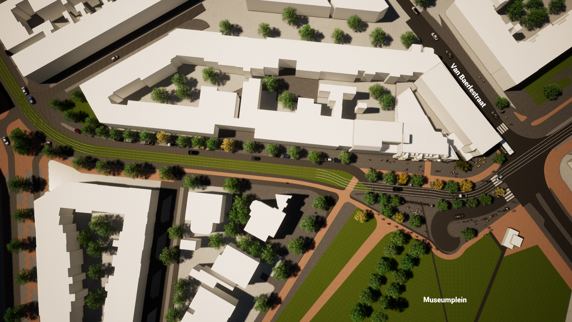 De trambaan wordt groen. De rijweg blijft ongewijzigd.