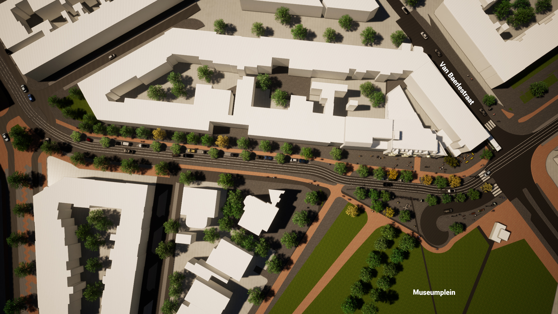 De trambaan wordt gebruikt voor autoverkeer, meer ruimte voor een separaat fietspad en breder trottoir.