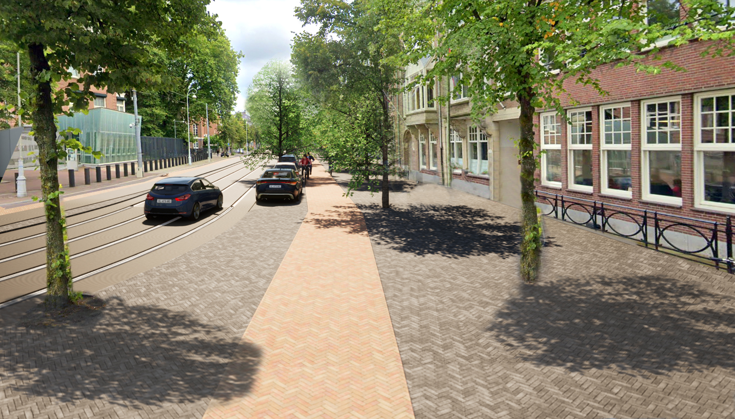 Optie 2: Auto’s rijden over de trambaan, het trottoir wordt breder, er ontstaat een vrijliggend fietspad over de gehele Gabriel Metsustraat